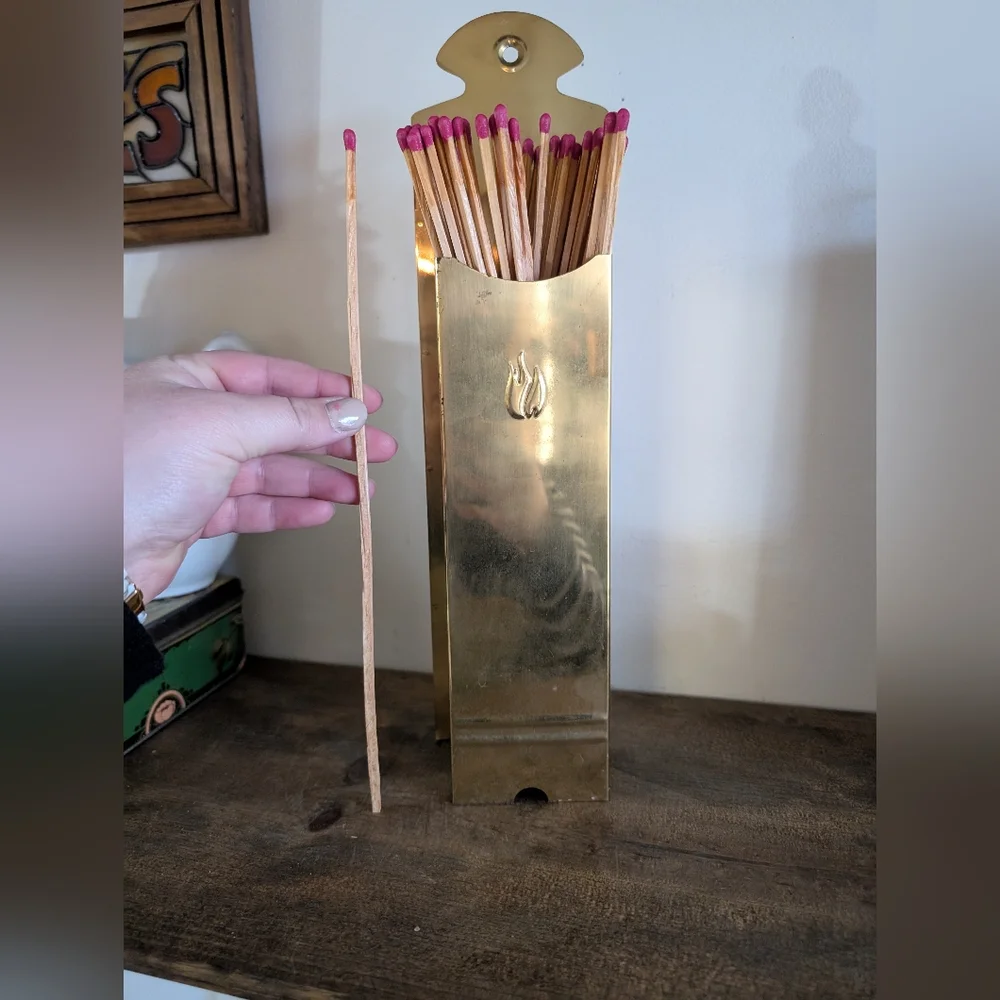 Vintage Large All Brass Gold Matchstick Holder Wall Hang By Fireplace Matches - Picture 6 of 7